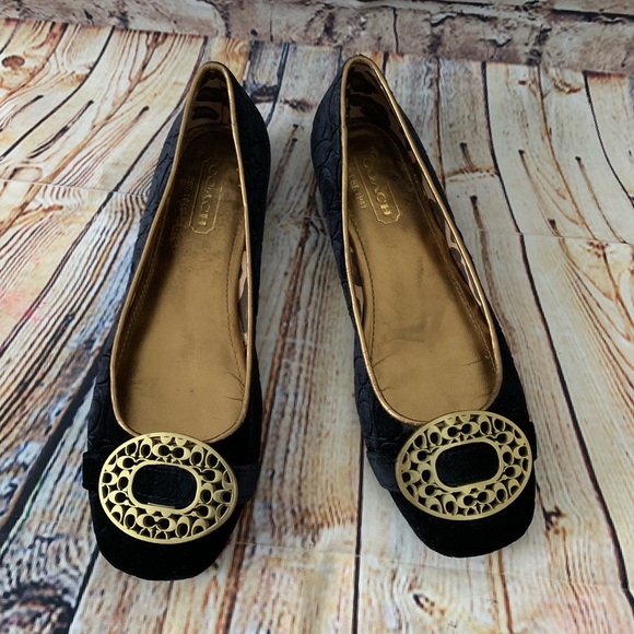 Coach Shoes - Coach velvet flats 6b navy  blue with gold detail